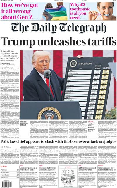 The Daily Telegraph Newspaper Front Page (UK) for 3 April 2025