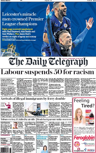 The Daily Telegraph Newspaper Front Page (UK) for 3 May 2016
