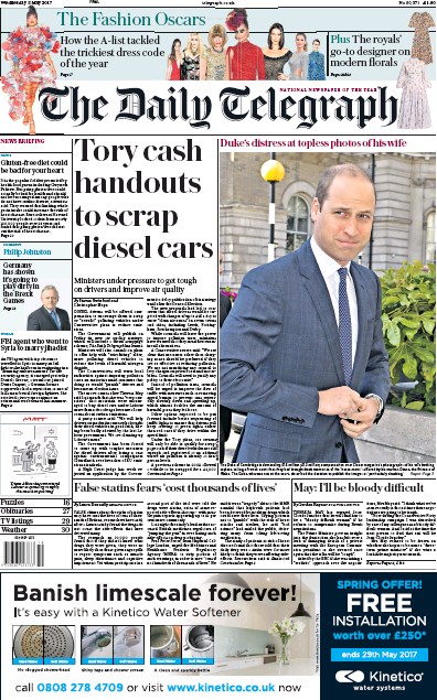 The Daily Telegraph Newspaper Front Page (UK) for 3 May 2017