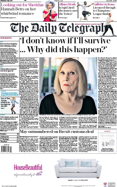 The Daily Telegraph Newspaper Front Page (UK) for 3 May 2018