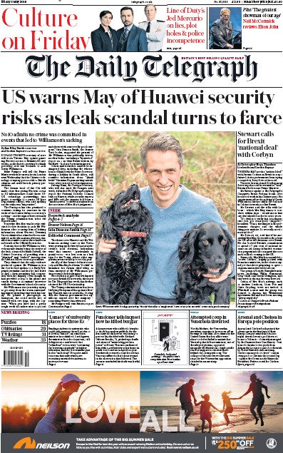 The Daily Telegraph Newspaper Front Page (UK) for 3 May 2019