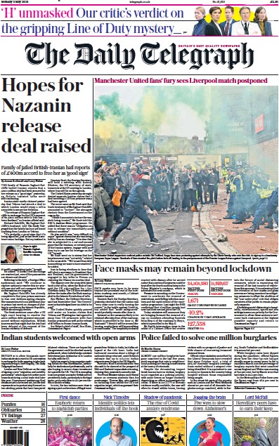 The Daily Telegraph Newspaper Front Page (UK) for 3 May 2021