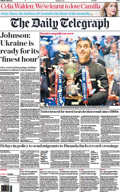 The Daily Telegraph Newspaper Front Page (UK) for 3 May 2022