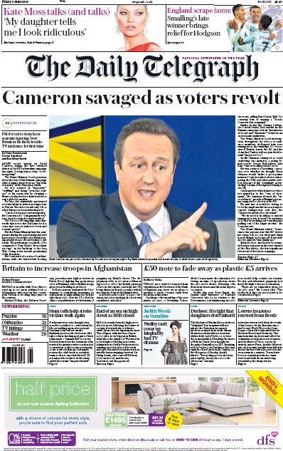 The Daily Telegraph Newspaper Front Page (UK) for 3 June 2016