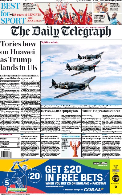 The Daily Telegraph Newspaper Front Page (UK) for 3 June 2019