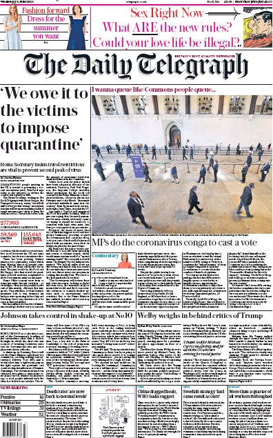 The Daily Telegraph Newspaper Front Page (UK) for 3 June 2020