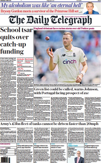 The Daily Telegraph Newspaper Front Page (UK) for 3 June 2021