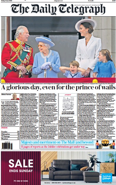 The Daily Telegraph Newspaper Front Page (UK) for 3 June 2022