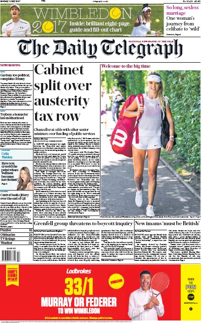 The Daily Telegraph Newspaper Front Page (UK) for 3 July 2017