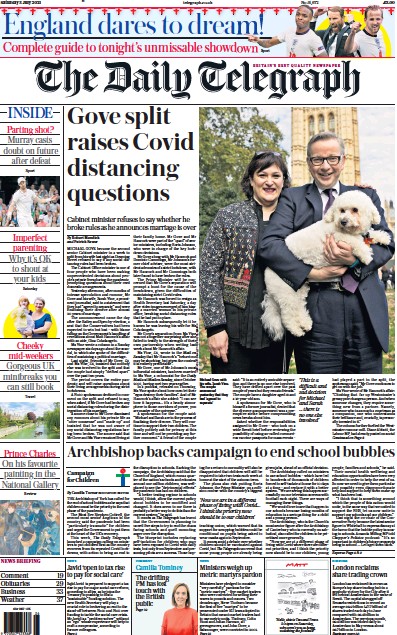 The Daily Telegraph Newspaper Front Page (UK) for 3 July 2021