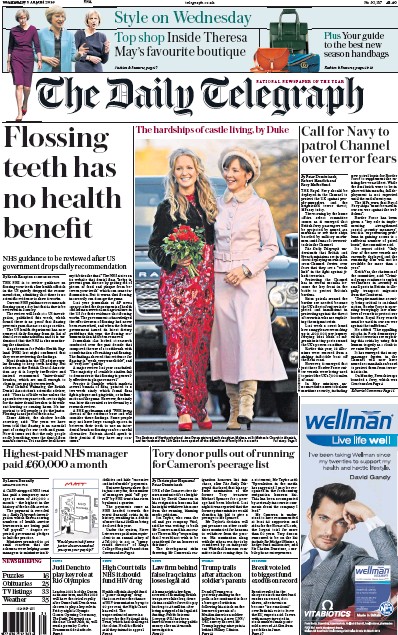 The Daily Telegraph Newspaper Front Page (UK) for 3 August 2016