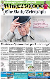 The Daily Telegraph (UK) Newspaper Front Page for 3 August 2017
