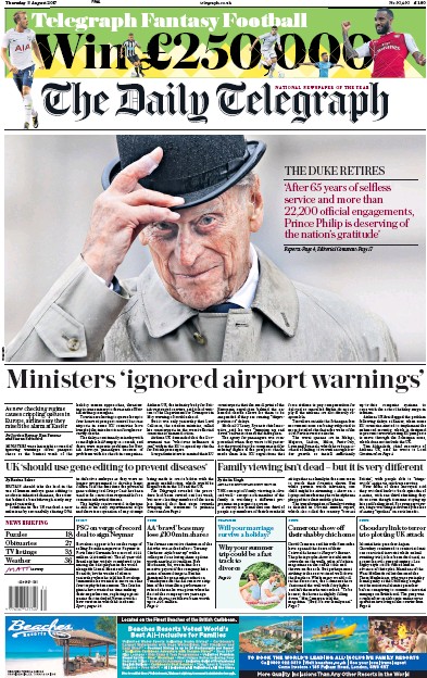 The Daily Telegraph Newspaper Front Page (UK) for 3 August 2017