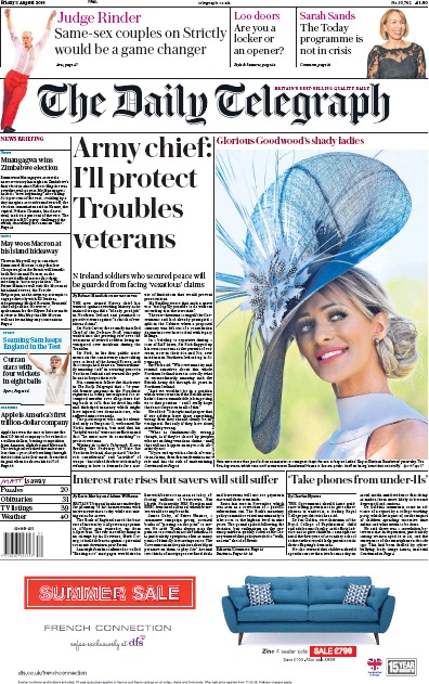 The Daily Telegraph Newspaper Front Page (UK) for 3 August 2018