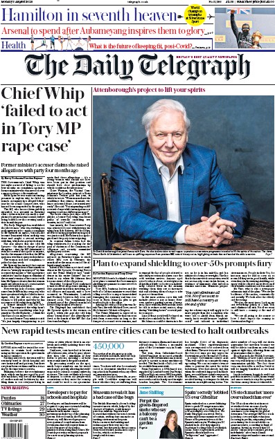 The Daily Telegraph Newspaper Front Page (UK) for 3 August 2020