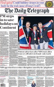 The Daily Telegraph (UK) Newspaper Front Page for 3 August 2021