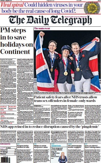 The Daily Telegraph Newspaper Front Page (UK) for 3 August 2021