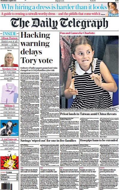 The Daily Telegraph Newspaper Front Page (UK) for 3 August 2022