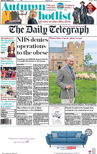 The Daily Telegraph Newspaper Front Page (UK) for 3 September 2016