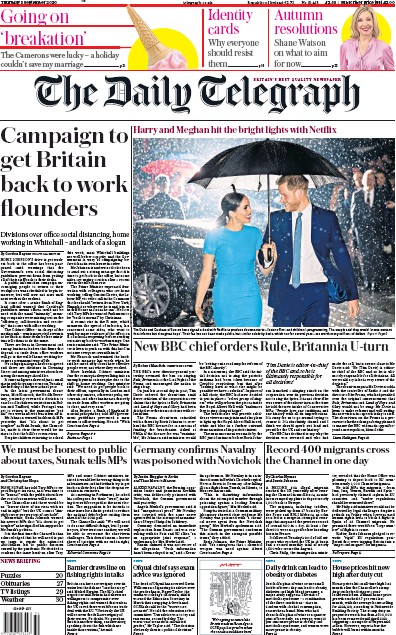 The Daily Telegraph Newspaper Front Page (UK) for 3 September 2020
