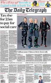 The Daily Telegraph (UK) Newspaper Front Page for 3 September 2021