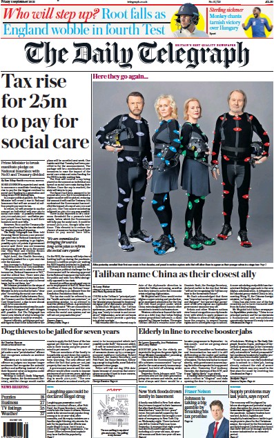 The Daily Telegraph Newspaper Front Page (UK) for 3 September 2021