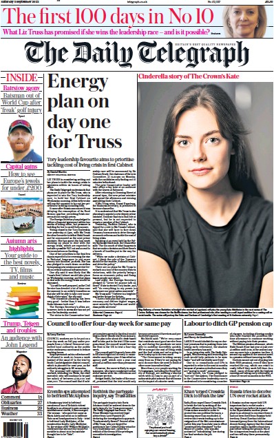 The Daily Telegraph Newspaper Front Page (UK) for 3 September 2022