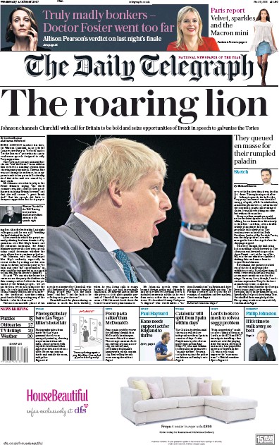 The Daily Telegraph Newspaper Front Page (UK) for 4 October 2017