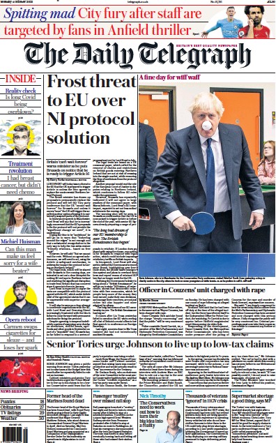 The Daily Telegraph Newspaper Front Page (UK) for 4 October 2021