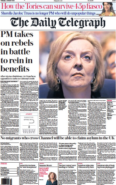 The Daily Telegraph Newspaper Front Page (UK) for 4 October 2022