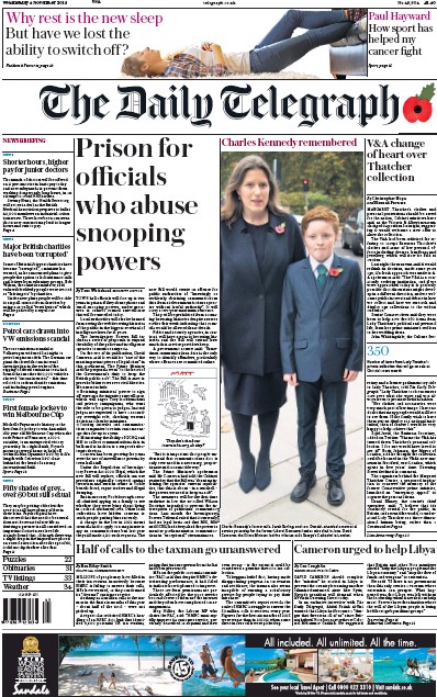 The Daily Telegraph Newspaper Front Page (UK) for 4 November 2015