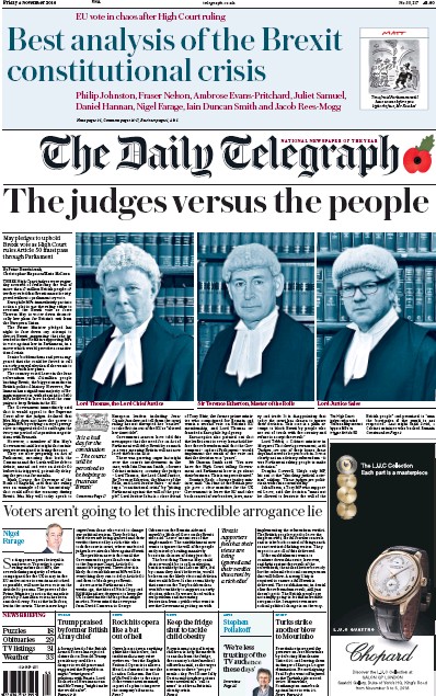 The Daily Telegraph Newspaper Front Page (UK) for 4 November 2016