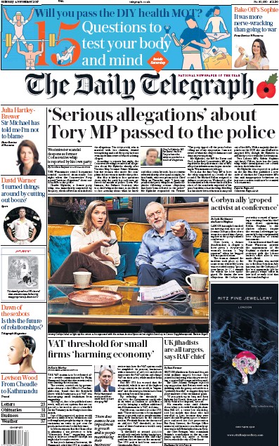 The Daily Telegraph Newspaper Front Page (UK) for 4 November 2017