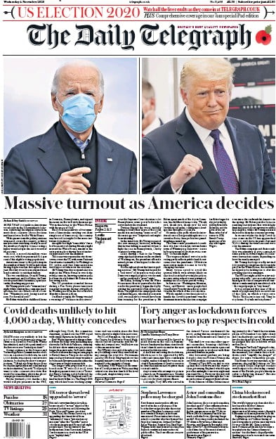 The Daily Telegraph Newspaper Front Page (UK) for 4 November 2020