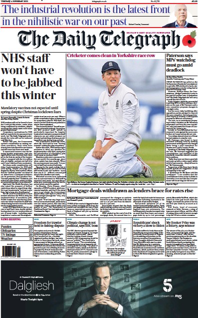 The Daily Telegraph Newspaper Front Page (UK) for 4 November 2021