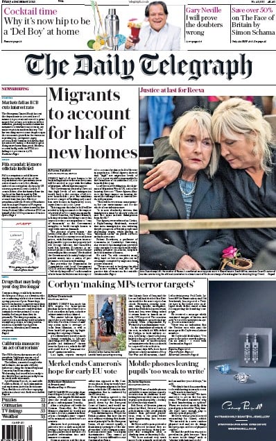 The Daily Telegraph Newspaper Front Page (UK) for 4 December 2015