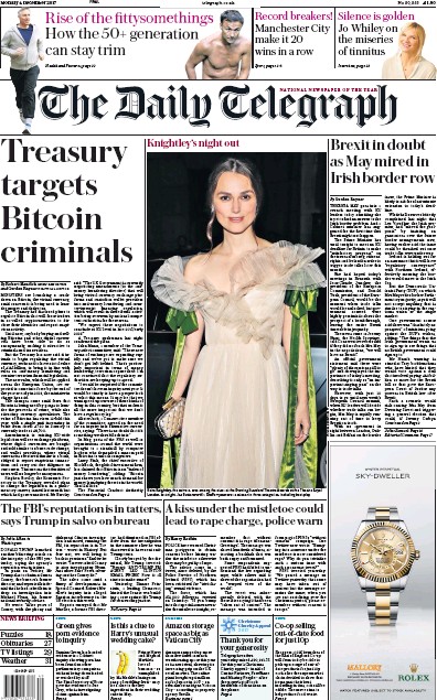 The Daily Telegraph Newspaper Front Page (UK) for 4 December 2017