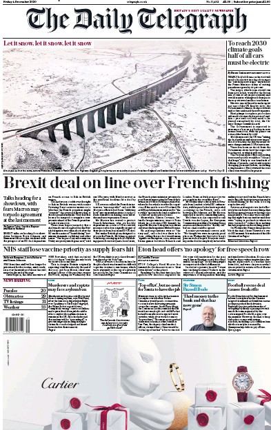 The Daily Telegraph Newspaper Front Page (UK) for 4 December 2020