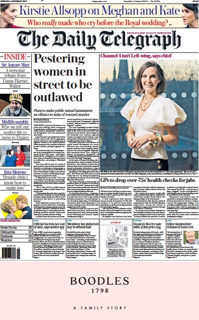 The Daily Telegraph Newspaper Front Page (UK) for 4 December 2021
