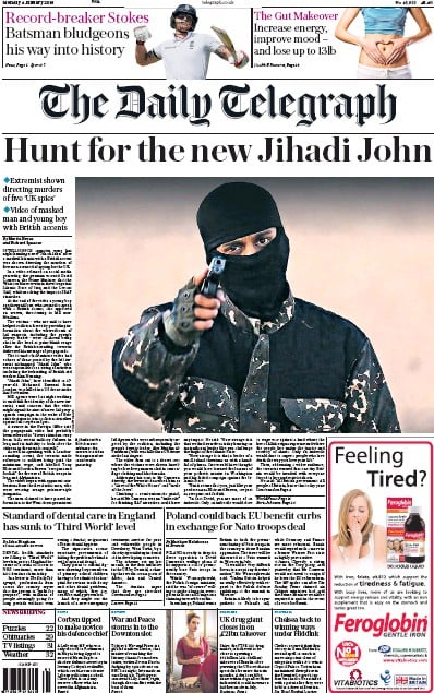 The Daily Telegraph Newspaper Front Page (UK) for 4 January 2016