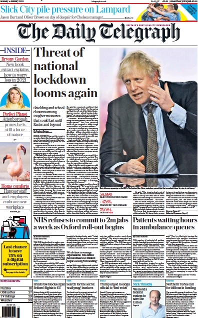 The Daily Telegraph Newspaper Front Page (UK) for 4 January 2021
