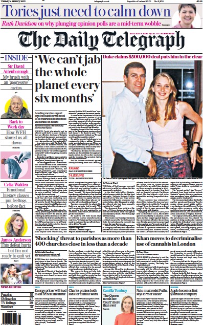 The Daily Telegraph Newspaper Front Page (UK) for 4 January 2022