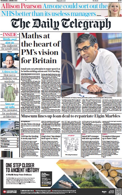 The Daily Telegraph Newspaper Front Page (UK) for 4 January 2023