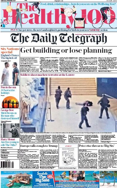 The Daily Telegraph Newspaper Front Page (UK) for 4 February 2017