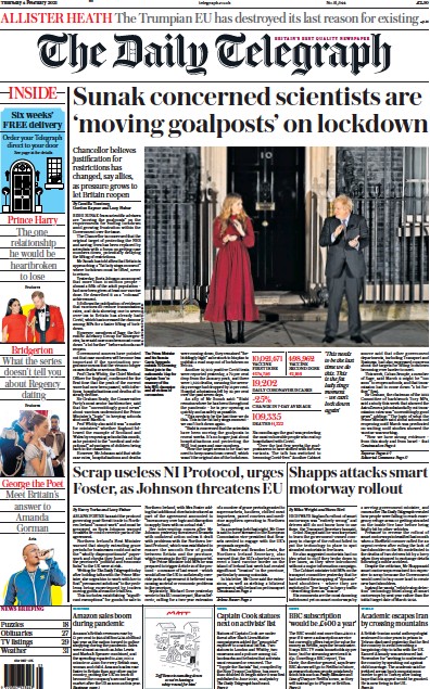 The Daily Telegraph Newspaper Front Page (UK) for 4 February 2021