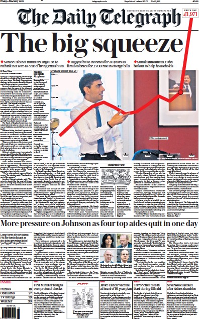 The Daily Telegraph Newspaper Front Page (UK) for 4 February 2022
