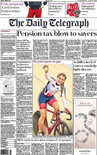 The Daily Telegraph Newspaper Front Page (UK) for 4 March 2016