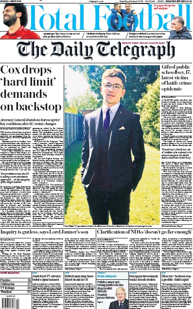 The Daily Telegraph Newspaper Front Page (UK) for 4 March 2019