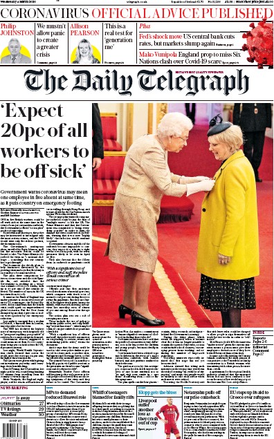 The Daily Telegraph Newspaper Front Page (UK) for 4 March 2020