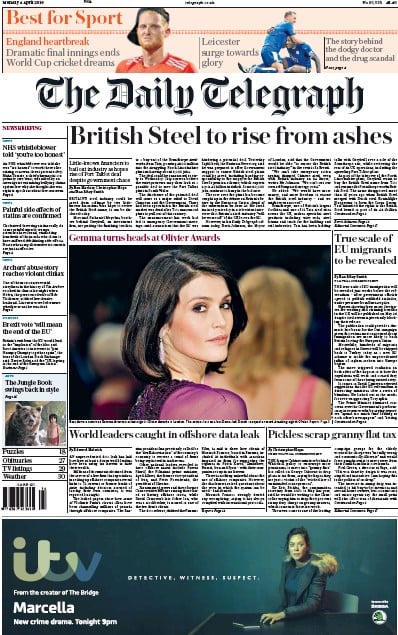 The Daily Telegraph Newspaper Front Page (UK) for 4 April 2016